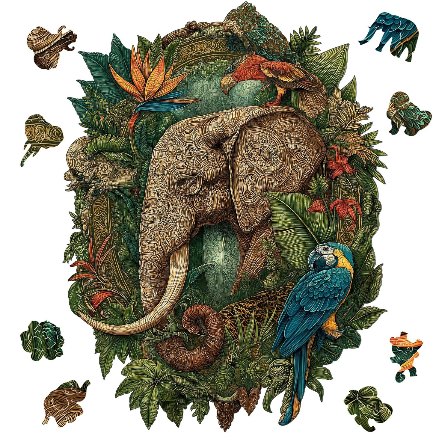 Elephant Wooden Puzzles for Adults,3D Vision Forest Jigsaw Puzzles with Bird 200 Pieces,Unique Shape Wood Puzzle for Kids and Ad