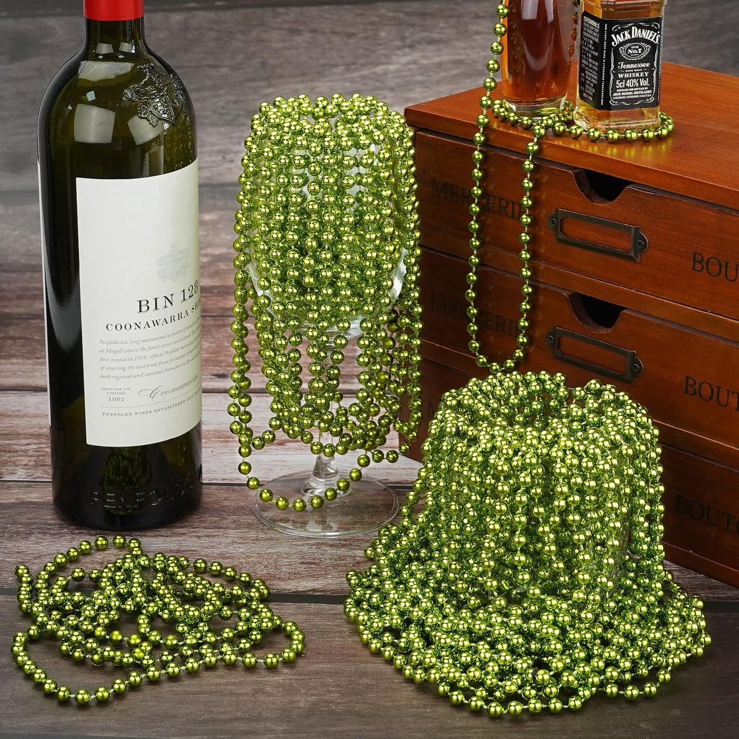 SHAOQINLIN 24 Pcs 33 Inch 7 mm Metallic Light Green Bead Necklaces, Mardi Gras Party Beads Necklace Bulk Round Beaded Necklaces