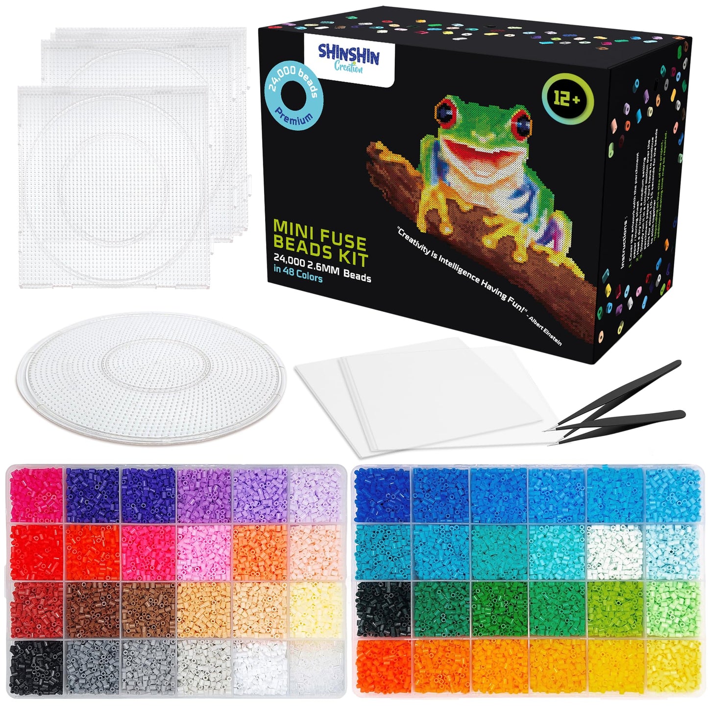 24,000 Mini Fuse Beads Kit for Adults - 48 Colors Tiny 2.6mm Beads, 5 Pegboards, 2 Tweezers - Compatible with Hama, Melty Beads,