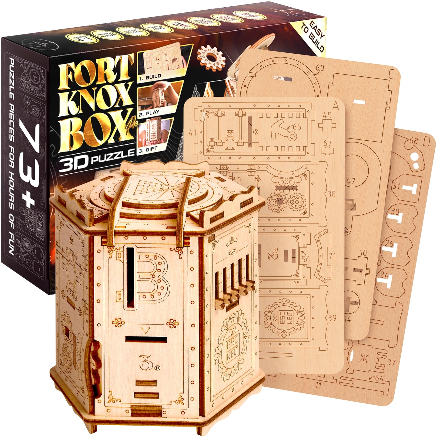 Esc Welt Fort Knox Box Pro 3D Puzzle Game - 3-In-1 Wooden Puzzle Box Game - Brainteaser - Gift Box Riddle Game - Puzzle Box For Children And Adults - Mind Puzzle 3D Wooden Puzzle - Escape Room Game