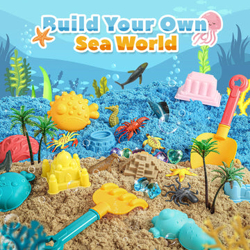 FRUSE Ocean Sensory Bin,Play Sand Art Kit with 2.2lbs Play Sand,12 Sea Animal Toys,Sand Molds,Role Play Beach Toy Sandbox Toys f