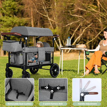 TODEFULL Wagon Stroller for 2 Kids Foldable Kids Wagon Cart Featuring with Harnesses Adjustable Double Push Handle Removable Canopy Snack Tray Large Storage Bag Gray