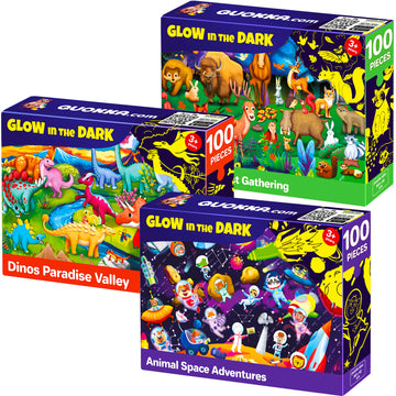 Quokka 3X100 Piece Puzzles For Kids Ages 6-8 – Glow-In-The-Dark Puzzles For Kids 8-10 | Space, Dinosaurs, Animals | Fun Educational Puzzles For Boys & Girls – Learning Games & Space Toys Gift For Kids