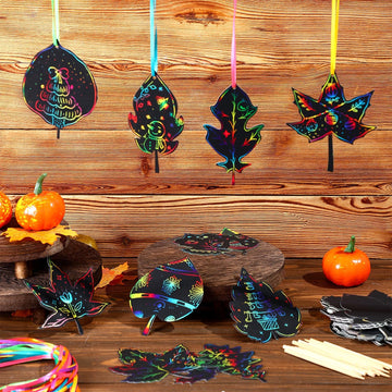 Qilery 120 Pcs Fall Thanksgiving Craft Art Activities Autumn Magic Leaves Scratch Paper Harvest Colorful Rainbow Leaf Scratch Ki