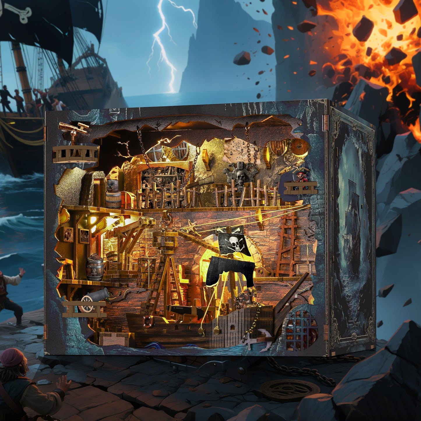 VORATHIS Book Nook Pirate Kit - DIY Miniature House, Large Colorful Wooden Puzzle with LED Light for Adults & Teens