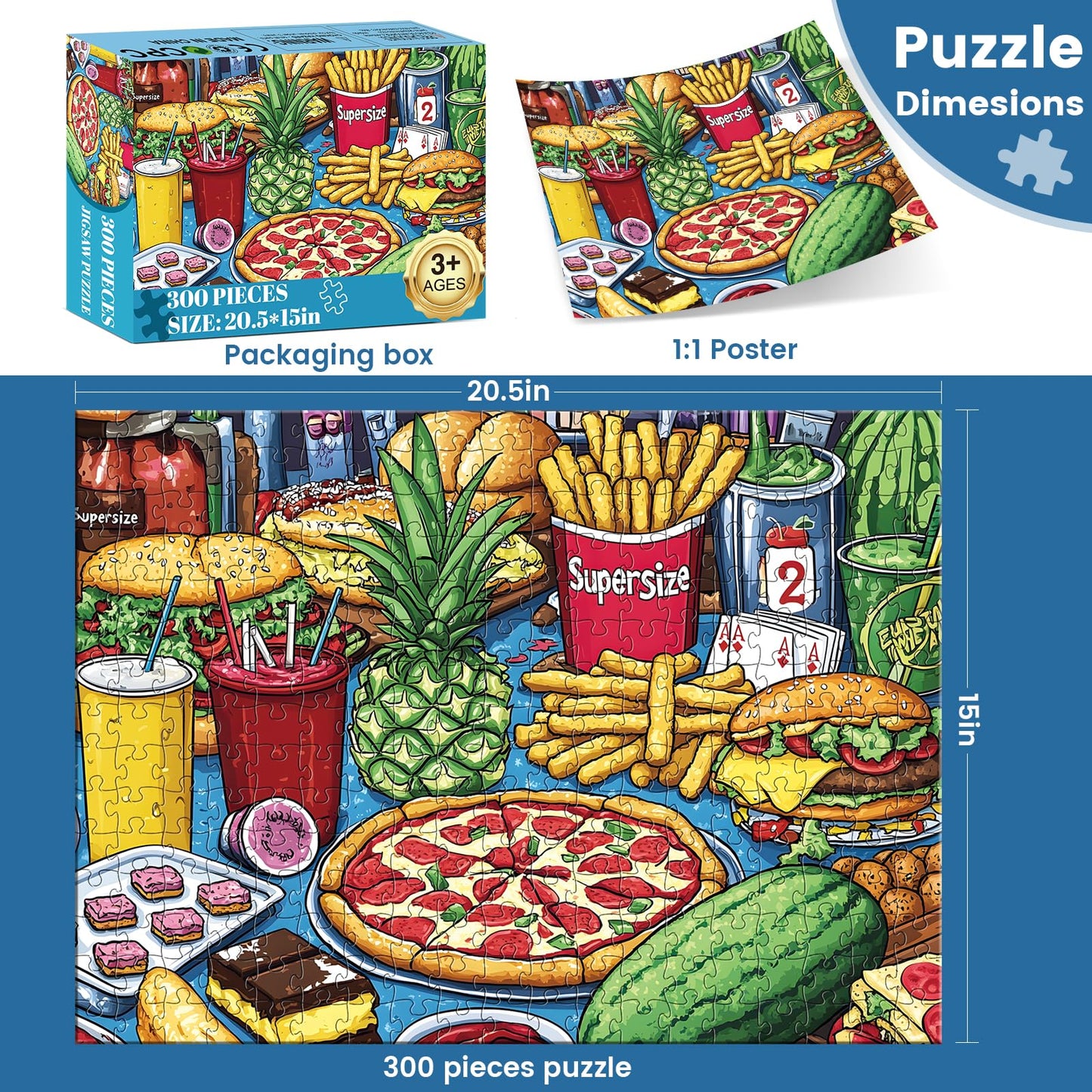 300 Piece Puzzle for mature-themeds Hamburger Puzzle for Kids mature-themeds Seniors Large Piece Fun Cartoon Food Jigsaw Puzzles for Kids Ages 8-10 10-12 Challenging Family Game Gift for Friends Men Women 20.5*15 In
