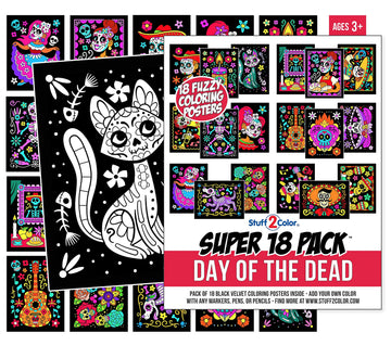 Super Pack of 18 Fuzzy Velvet Coloring Posters (Kids Themed - Day of the Dead) - Halloween and Dia de Los Muertos Coloring Craft