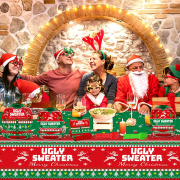 98 Pcs Christmas Ugly Sweater Party Supplies Tacky Sweater Party Plates Tablecloth Xmas Party Decorations For Christmas Holiday