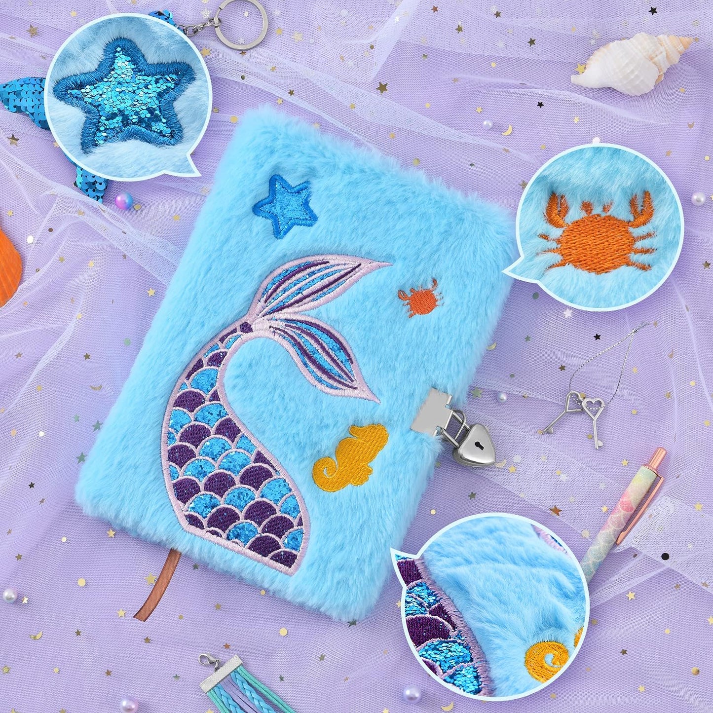 Wernnsai Mermaid Kids Diary With Lock For Girls, Gift For 6 7 8-12 Years Old Girl, Plush Secret Kids Diary Journal Kit For Girls School Travel Notebook Notepad With Pen Birthday Christmas Gift