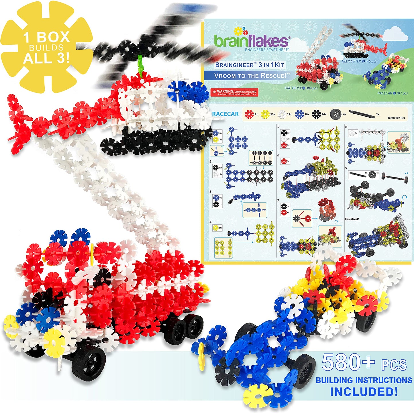 Brain Flakes 3-In-1 Building Kit With Detailed Step By Step Instructions - 580 Pieces To Build All 3 Vehicles - Wheel Pieces And Special Parts Are Included - Ages 7 And Up