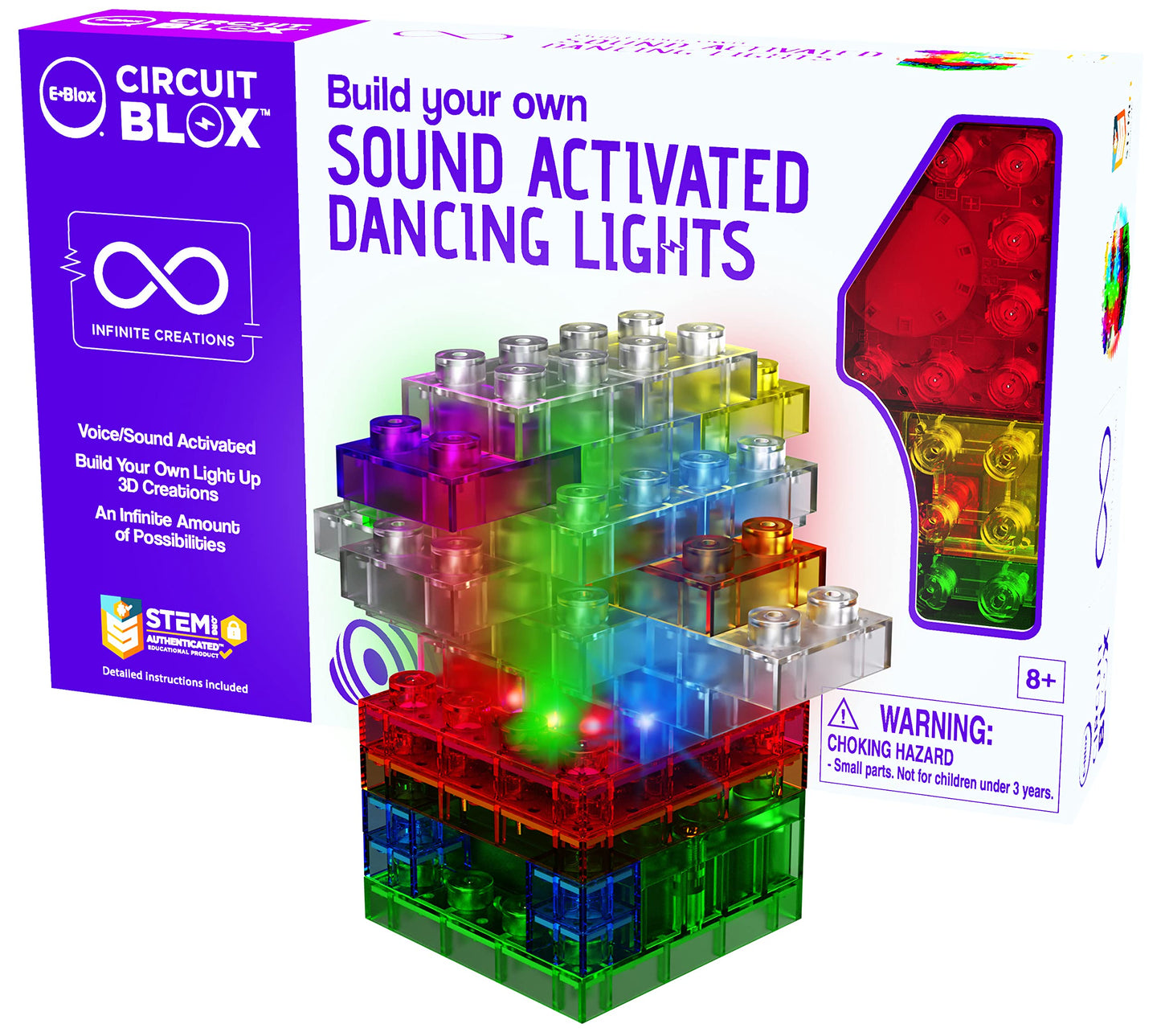 E-Blox Build Your Own Sound Activated Dancing Lights Stem Kit, Reacts To Voice & Dances To Music, Building Blocks Circuit Toy Se