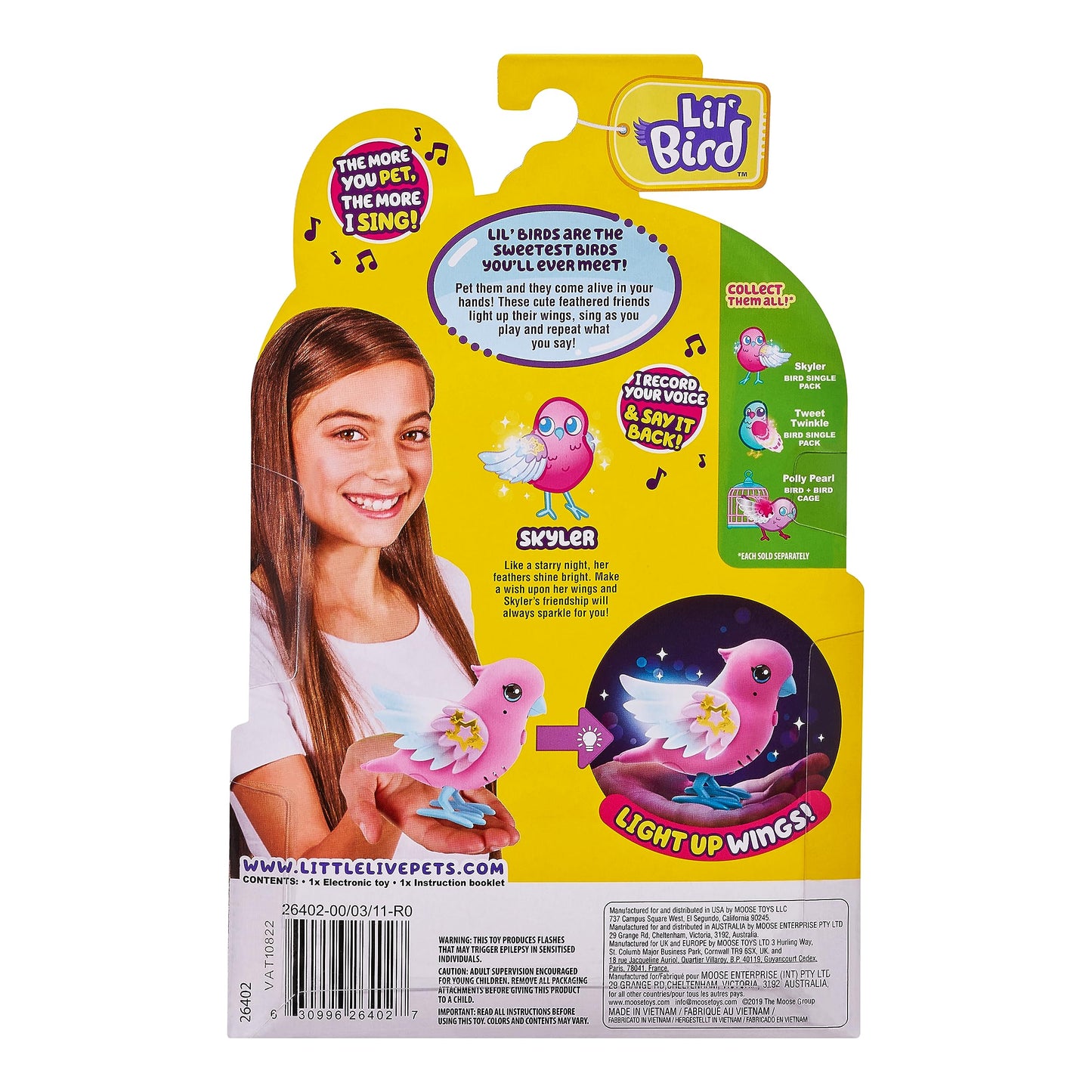 Little Live Pets - Lil' Bird Single Pack: Skyler | Interactive Toy Bird, 20+ Sounds, Light Up Wings, Repeats What You Say