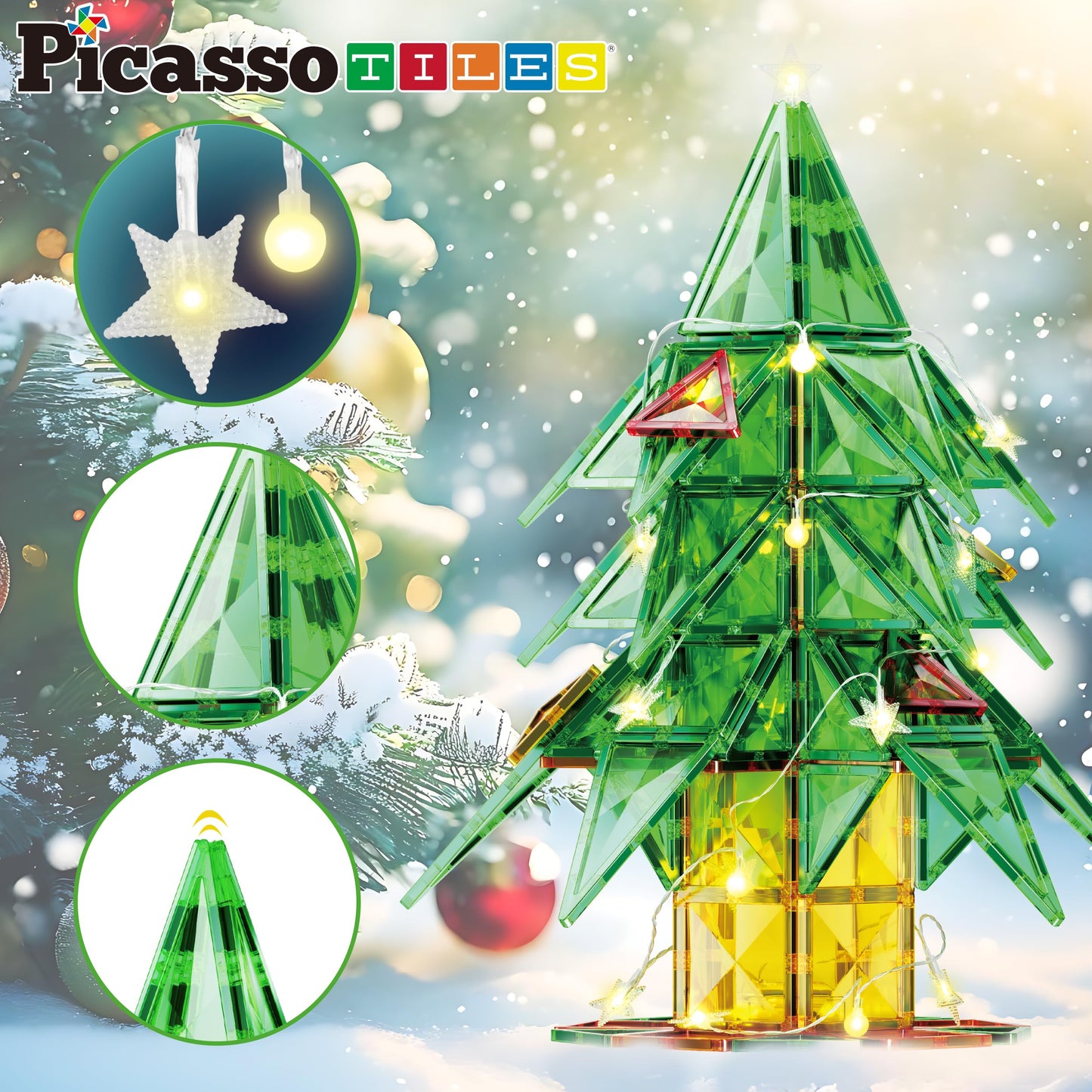 Picassotiles 106 Piece Magnetic Tiles Light Up Led Christmas Tree Holiday Theme Construction Magnet Building Blocks Set Stem Lea