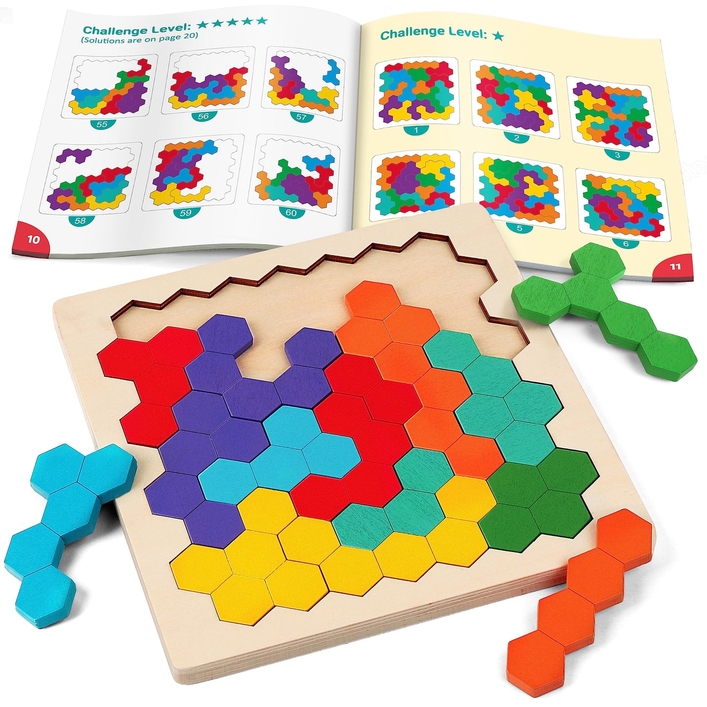 Coogam Wooden Tangram Puzzle, Color Shape Pattern Jigsaw Brain Teasers 3D Logic Iq Game Geometric Blocks Montessori Stem Educational Toys Gift For All Age