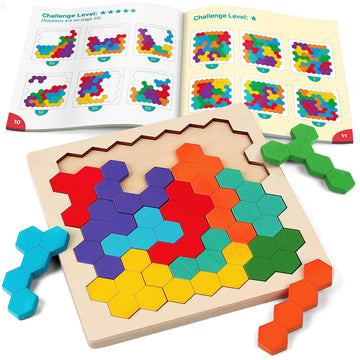 Coogam Wooden Tangram Puzzle, Color Shape Pattern Jigsaw Brain Teasers 3D Logic Iq Game Geometric Blocks Montessori Stem Educational Toys Gift For All Age