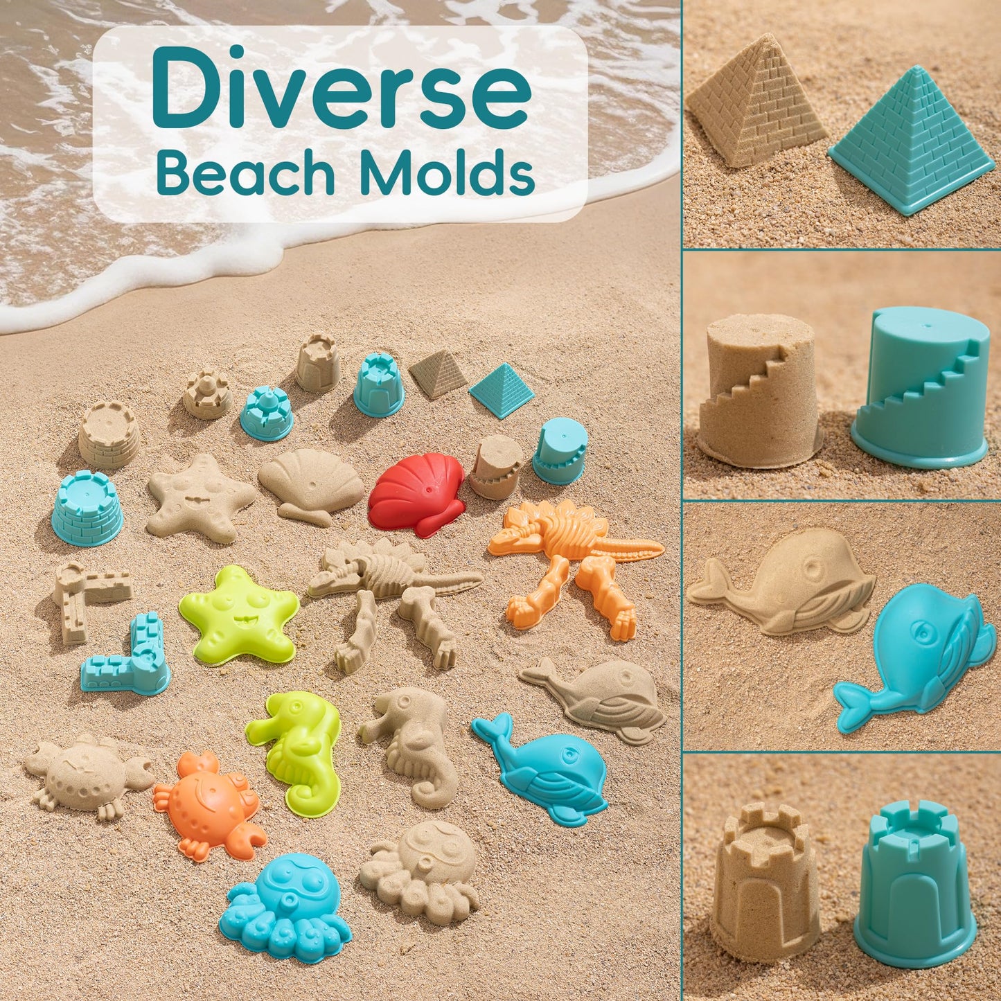 Beach Toys For Kids - Sand Toys Set Includes Collapsible Bucket Shovel And Mesh Bag 19 Pcs, Toddlers Sandbox Toys Sandcastle Bui
