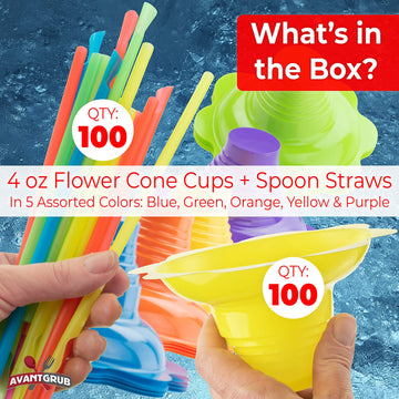 Leak Proof & Drip Catching, Super Cute Reusable 4Oz Flower Snow Cone Cups With Straws 100 Pk, Colorful Easy Grip Bowls Perfect F