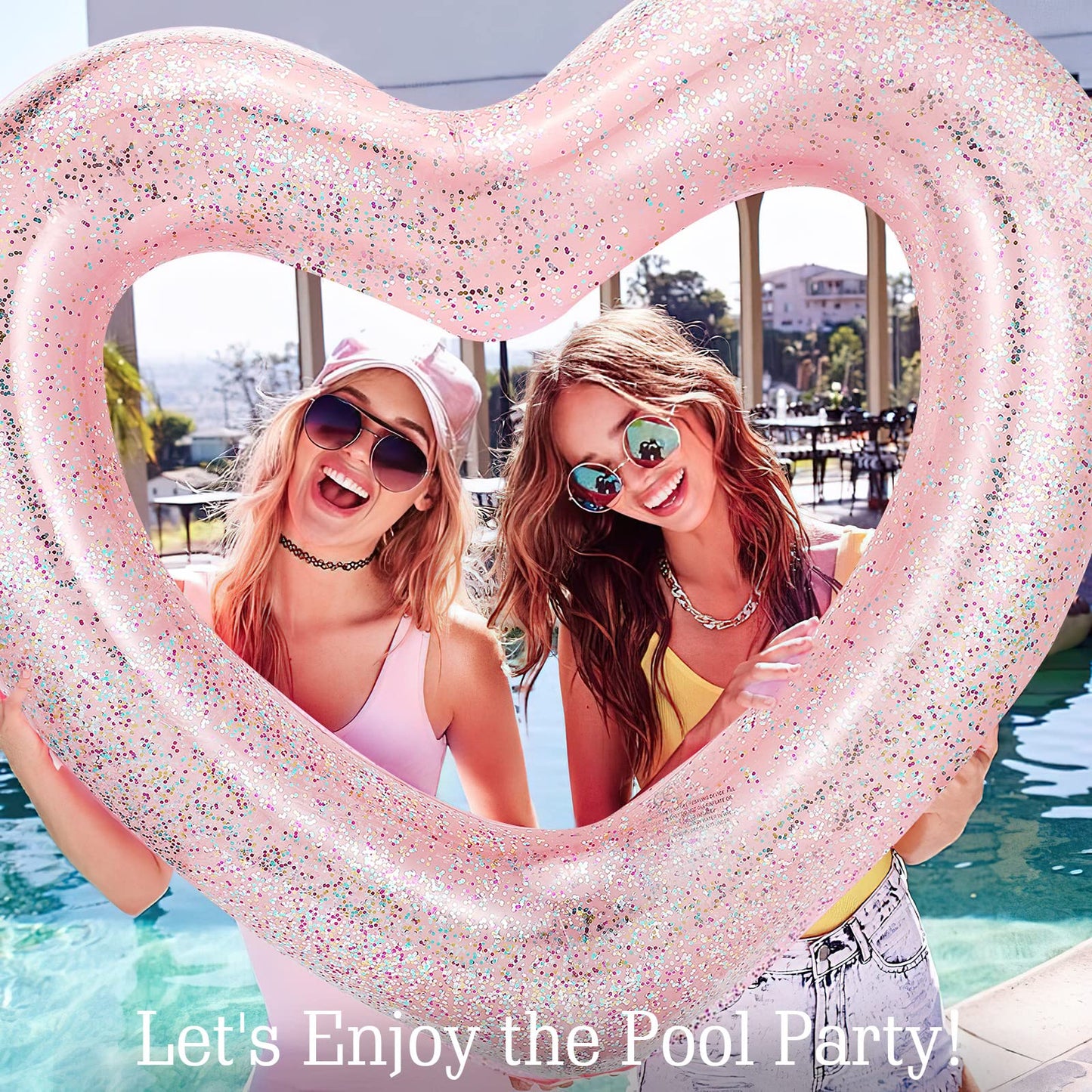 HeySplash Pool Floats mature-themed Size Heart Inflatable Pool Floatie for Bachelorette Party Swim Tube Rings River Lake Beach Floaty Wedding Bride Valentine Fun Toy Raft Lounge for Kids Glitter Rose Gold