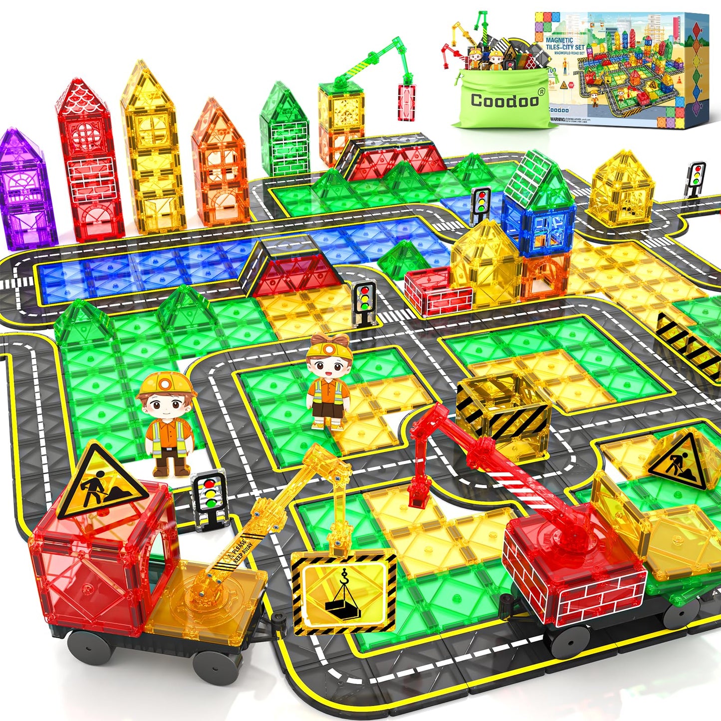 100 Pcs Magnetic Tiles Road Set With 3 Cranes & 2 Cars - Magnetic Blocks City Construction Building Toys For 3+ Year Old Boys Girls Ideal Preschool Learning Outdoor Toys Creative Toddler Kids Toys