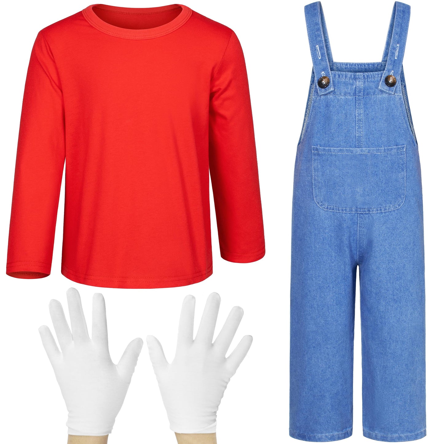 Plumber Costume For Kids Shirt Overalls Glove Boys Halloween Party Cosplay 7-8 Years Red