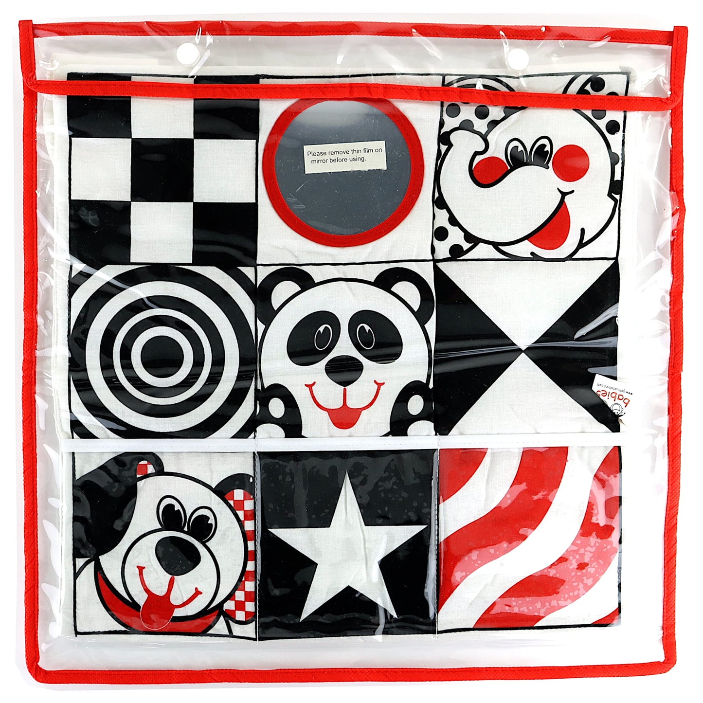 Reversible Car Activity Center Toy For Baby In Black, White And Red, Easy To Attach, With Baby Safe Mirror