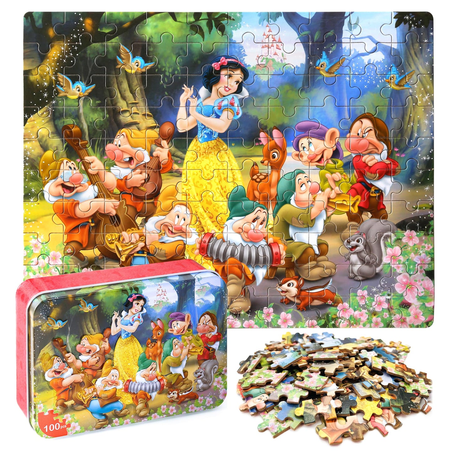 Lelemon Princess Puzzles In A Metal Box 100 Piece Snow White Jigsaw Puzzle For Kids Ages 4-8 Children Learning Educational Puzzl