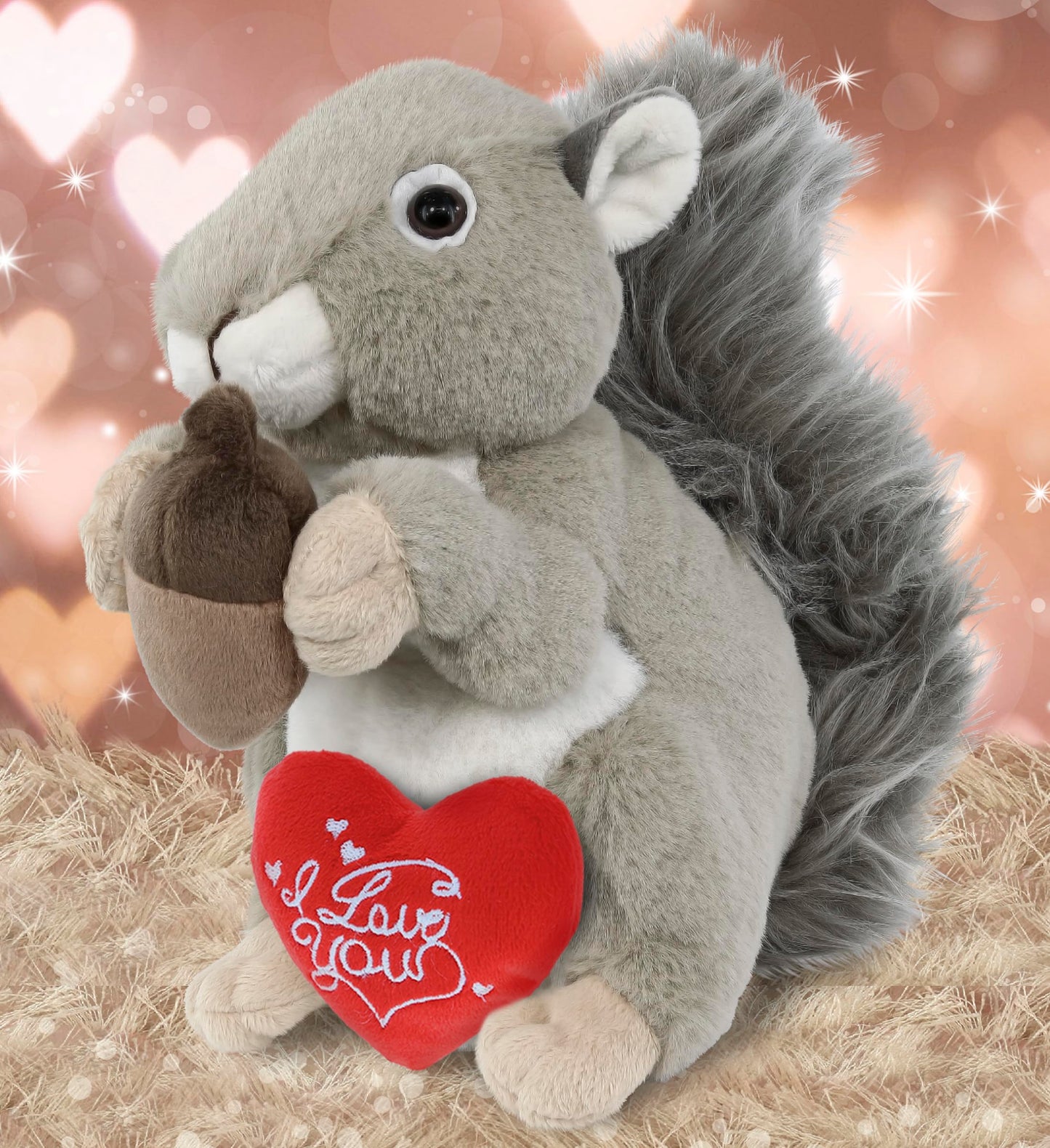 DolliBu I Love You Valentine Plush Grey Squirrel - Cute Stuffed Animal with Red Heart and Name Personalization Gift for Valentines Day Birthday Anniversary Romantic Date - 8 Inches