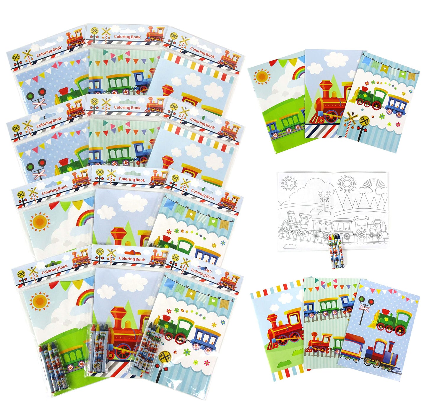 Tiny Mills Train Coloring Book Set with 12 Coloring Books and 48 Crayons Train Birthday Party Favor Bag Filler Rewards Classroom
