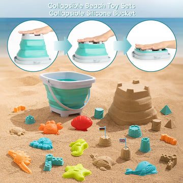 Beach Toys For Kids - Sand Toys Set Includes Collapsible Bucket Shovel And Mesh Bag 19 Pcs, Toddlers Sandbox Toys Sandcastle Bui