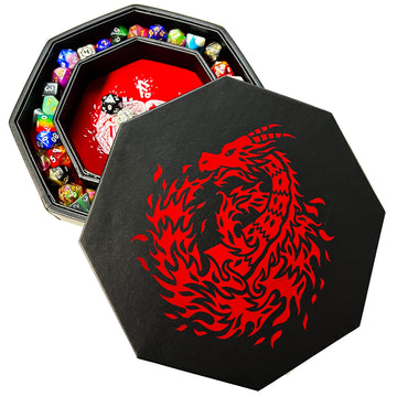 Fantasydice RED Fire Dragon with Wizard Book Print Dice Tray 8'' Octagon with Lid and Dice Staging Area- Holds 5 Sets(7 Dice Set