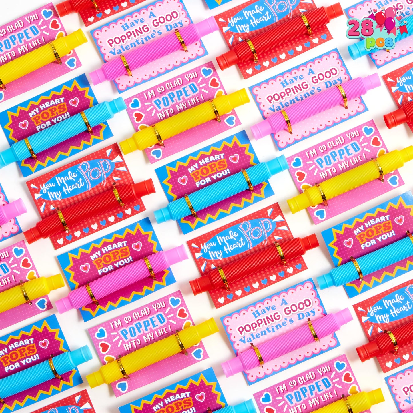Joyin 28 Packs Pop Tubes Toys For Kids Imaginative Play Stimulating Creative, Pop Tubes With Gift Cards Set, Stretchy Stress Relief Fidget Toys For Kids Classroom Party Favors Classroom Gifts