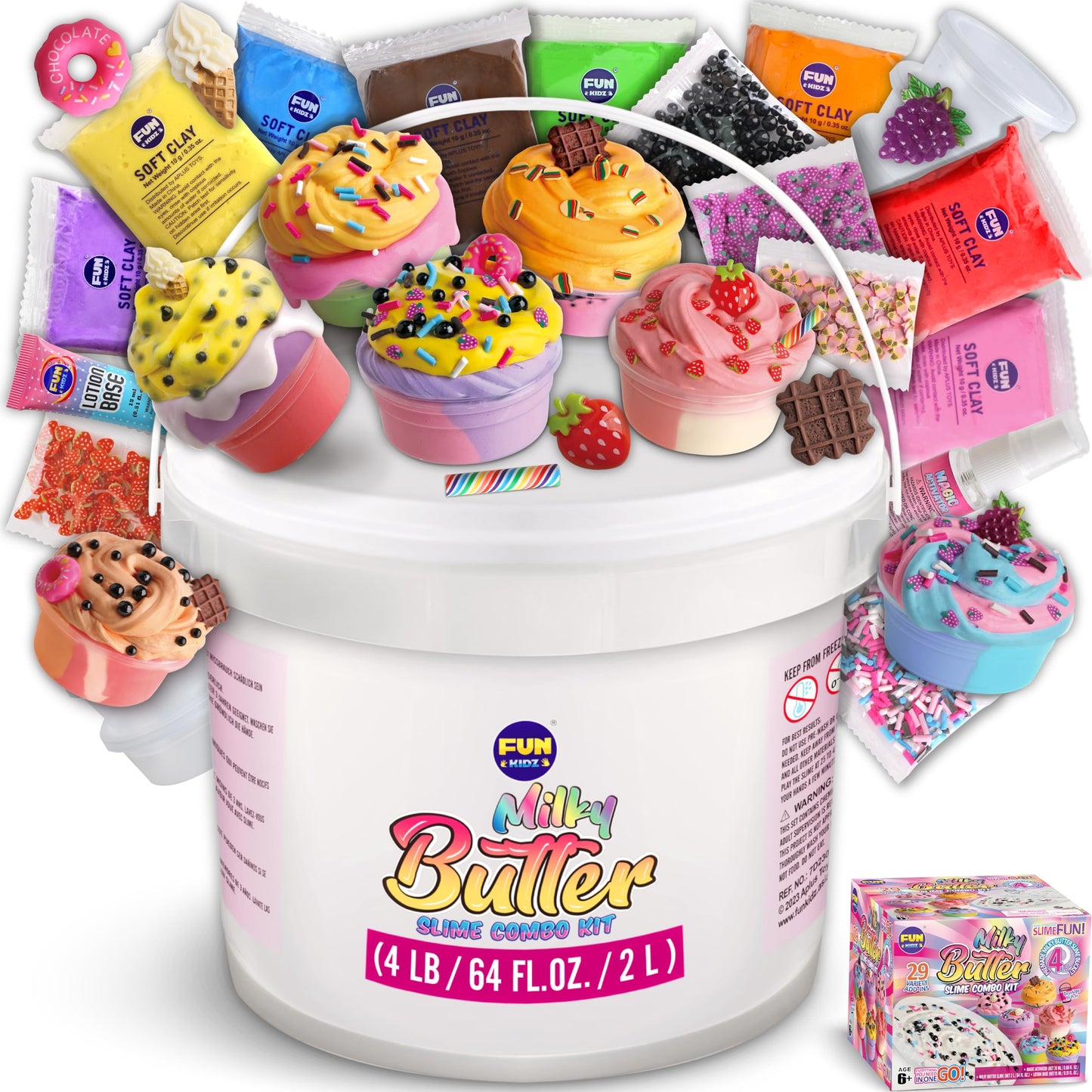 4 Lb Milky Butter Slime Bucket Gift For Girls, Funkidz 64 Fl Oz Huge Soft White Premade Scented Slime Kit Toy With 29 Variety Add-Ins Perfect Birthday Present For Kids Age 6+