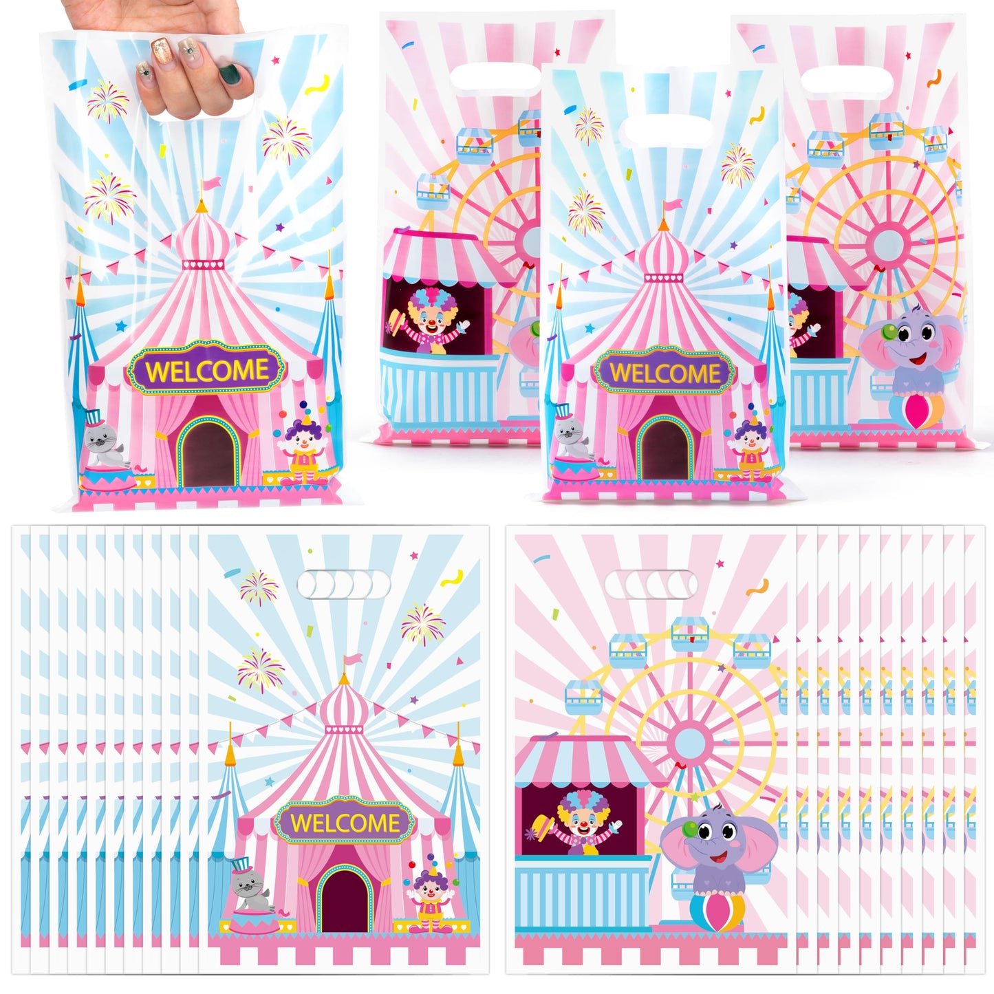 ArianQicult Circus Carnival Party Favor Bag 50Pcs Pink Circus Goody Candy Treat Gifts Bags, Pink Carnival Theme Party Decoration