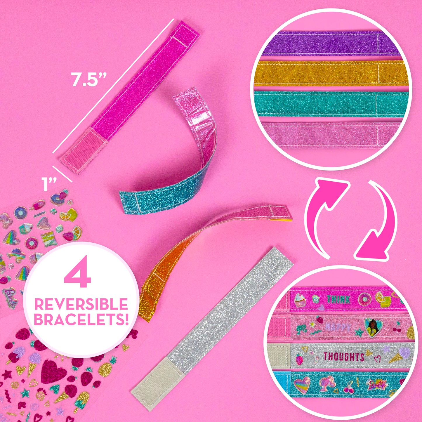 Horizon Group USA Barbie Sparkle Bracelet Making Kit - 4 Reversible Bracelets, 100+ Stickers, DIY Friendship Jewelry, Multi Color