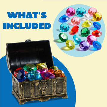 Sloosh Diving Gems Pool Toys 16 Big Colorful Diamond with Pirate Treasure Chest Swim Dive Toy for Kids Underwater Gemstone Swimming Training Gift Water Toys Pool Games(Gold)