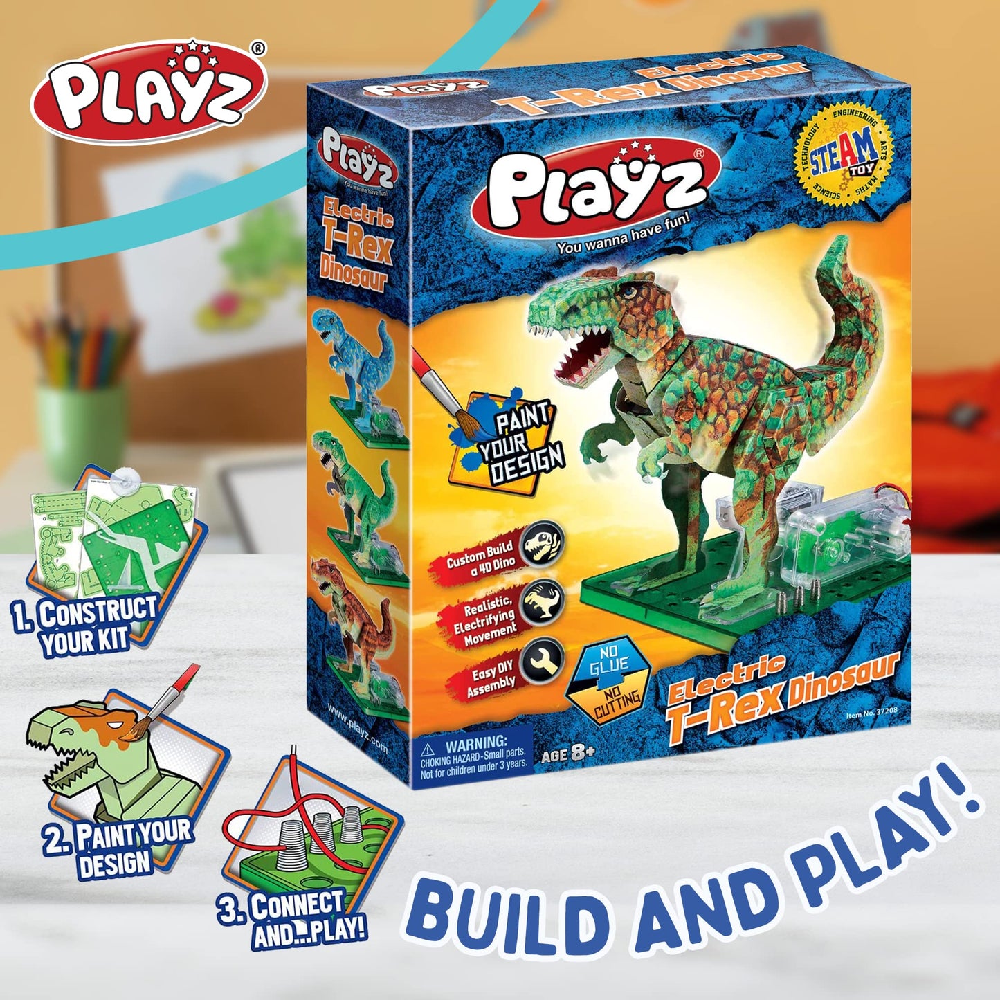 Playz Electric T Rex Dinosaur Toys For Kids - Diy Dino Construction & Painting Kit - Stem Learning Toys For Kids Age 8-12, Boys & Girls With Realistic Features, Waterproof Paint, 4D Dino Figures