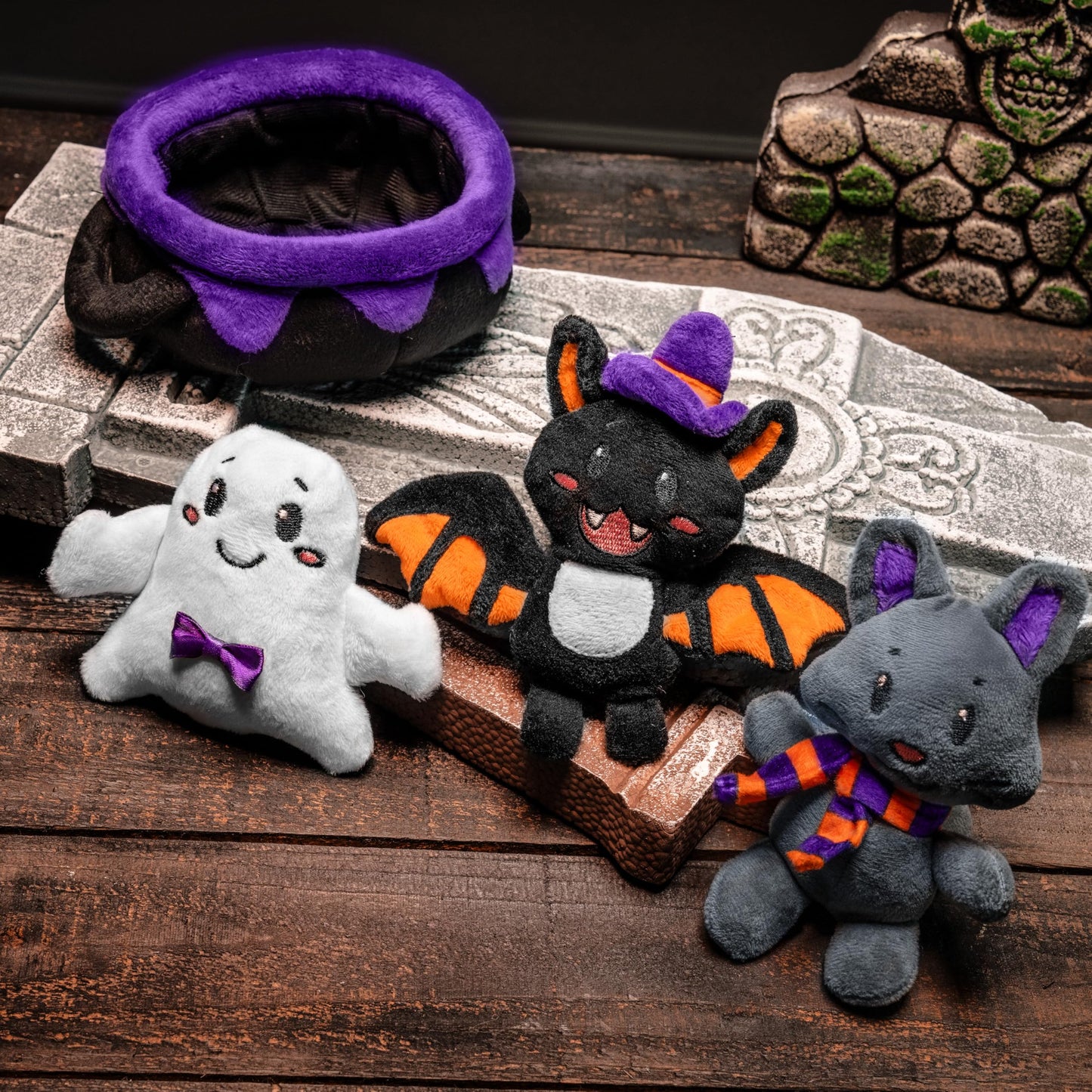 JOYIN 4PCS Baby Halloween Plush Toy Plushie Cauldron with Ghost Bat Cat Halloween Playset for Kid Trick or Treat School Classroom Party Favor Supply Gift Goodie Bag Stuffer Filler Prize and Treat