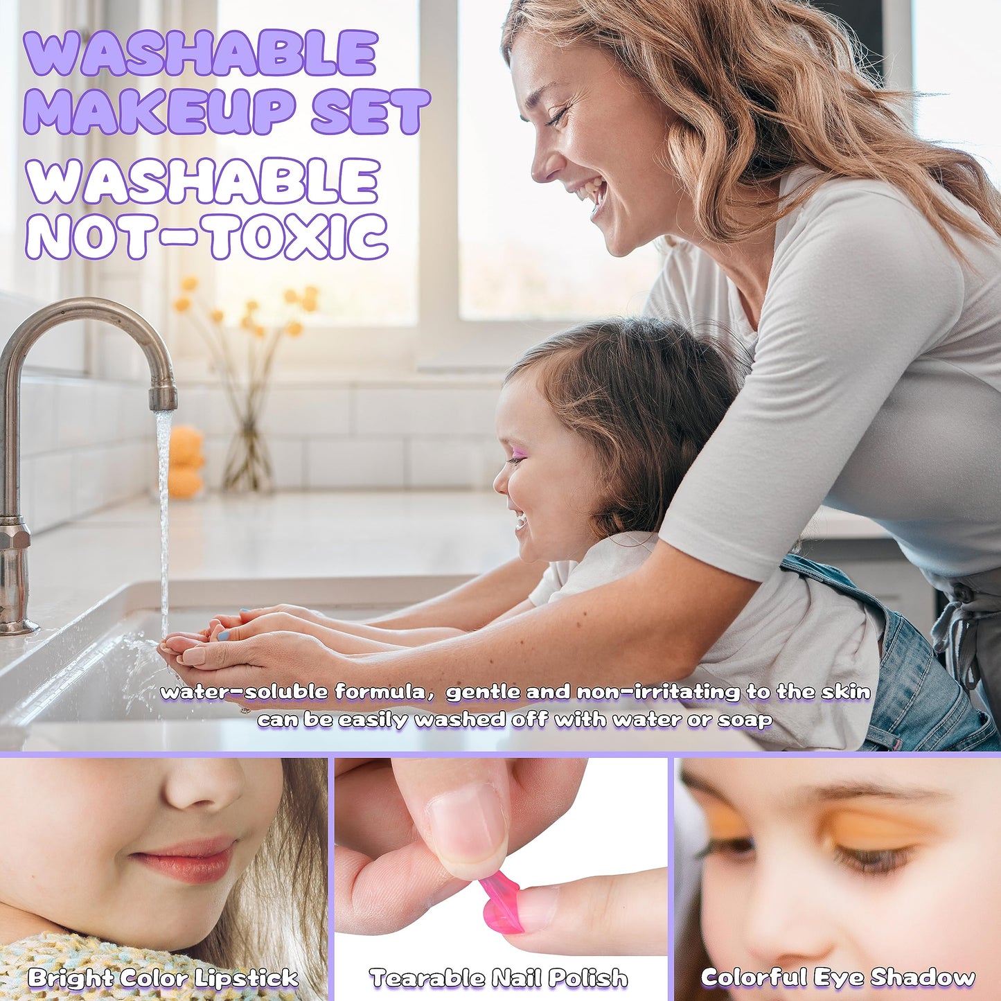 54 Pcs Kids Makeup Kit for Girls, Princess Real Washable Pretend Play Cosmetic Set Toys with Mirror, Birthday Gifts for 3 4 5 6