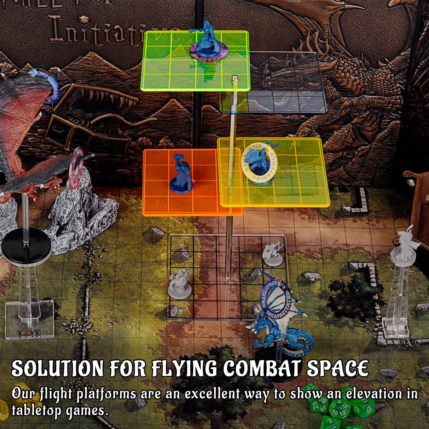 3D Combat Risers Set Colored Acrylic Connected By Metal Pillars Flying Miniature Flight Stand With 1 Inch Squaregrid Great Warga