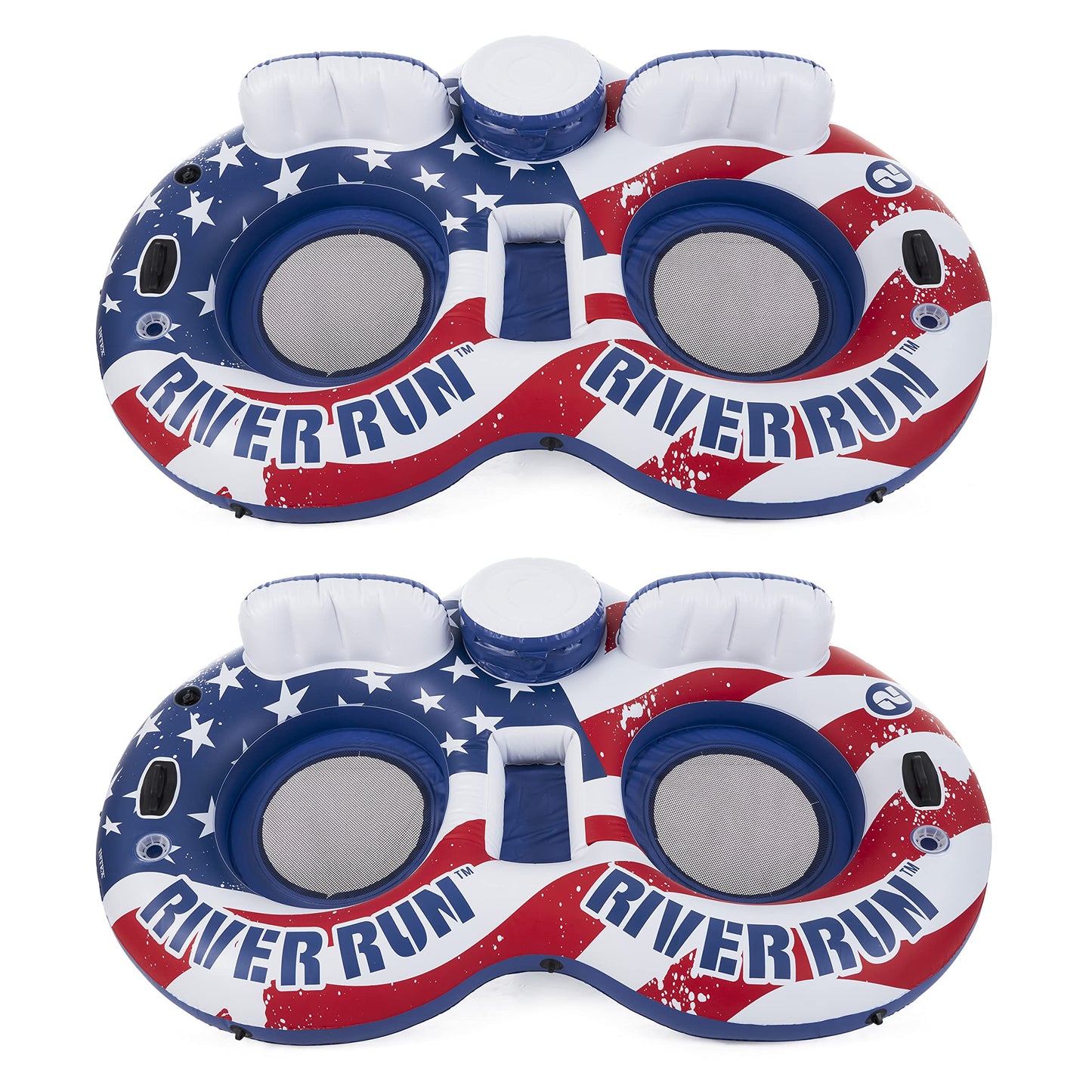 Intex 56855Vm River Run Inflatable American Flag 2 Person Water Lounge Pool Tube Float With Cooler, Cup Holders, And Easy Patch Repair Kit (2 Pack)