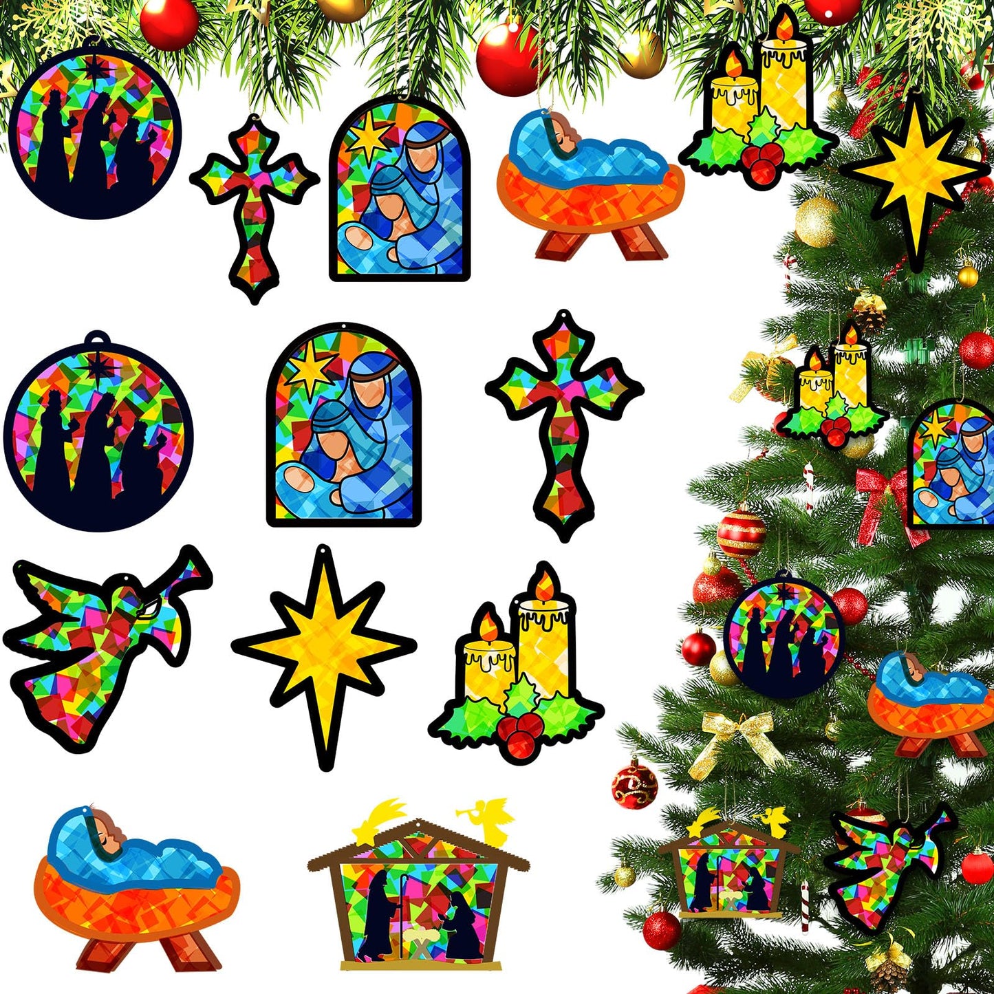 DoubleFill 48 Pcs Christmas Nativity Suncatchers Craft Kits DIY Christmas Tissue Paper Kits VBS Sunday School Craft Kit for Holy