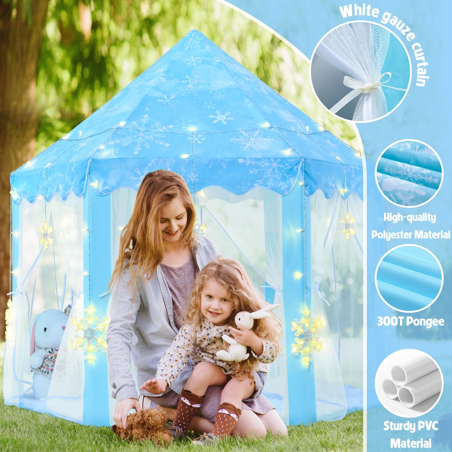 Evoionos Frozen Princess Tent For Girls, Play Tent With Large Snowflake Lights For Kids, Castle Playhouse For Children Indoor Ou