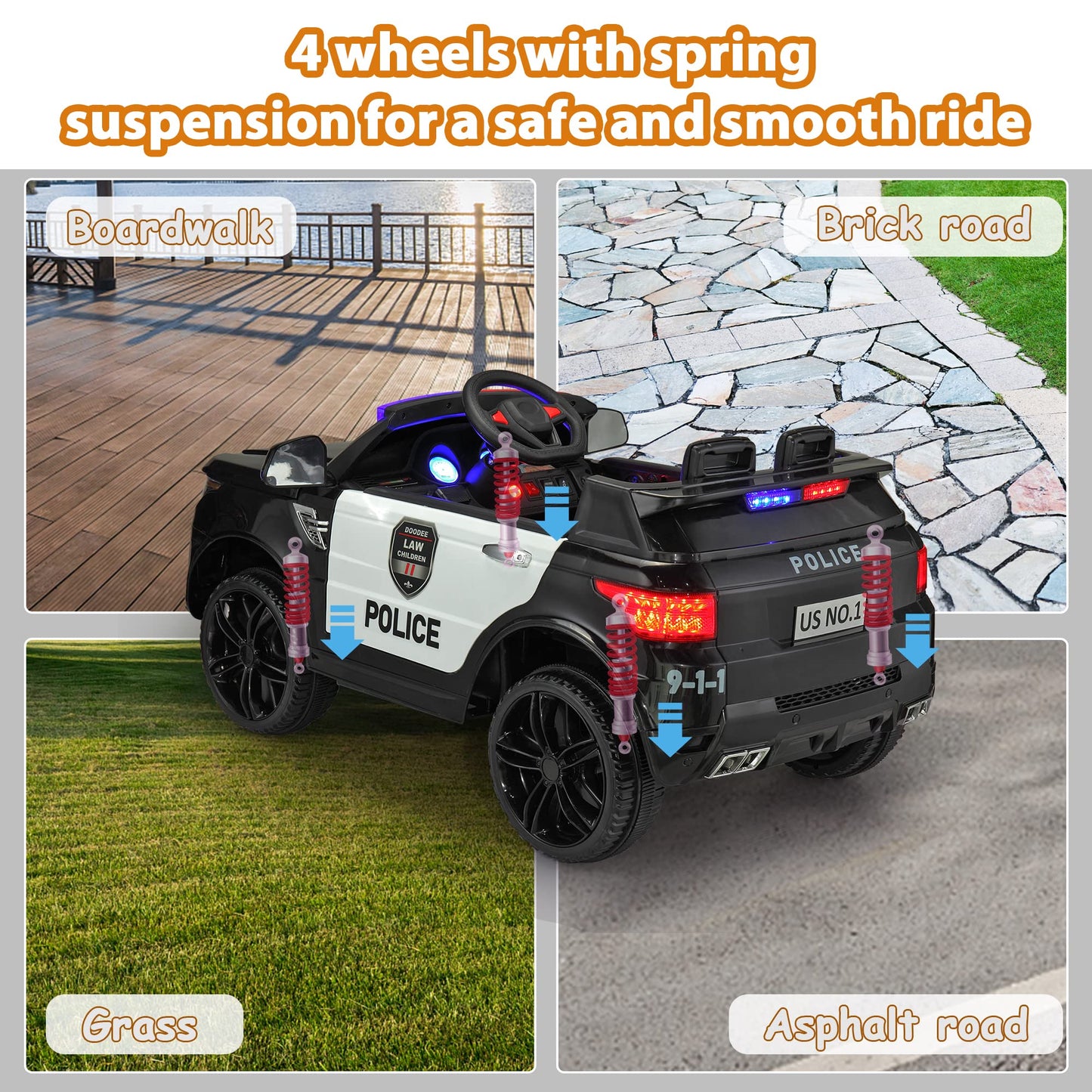 Tobbi Police Car Ride On Electric Car For Kids - Second Day Delivery - Battery Powered Ride-On Toys Cop Cars With Remote Control, Siren, Flashing Lights, Music, Spring Suspension, Carbon Black