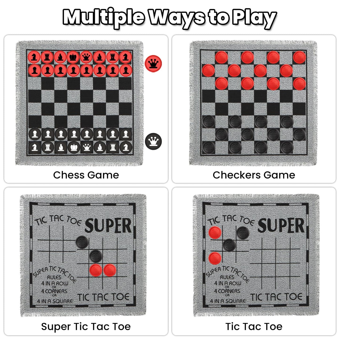 Giant 4 in 1 Chess Set Jumbo Chess & Giant Checkers & Large Tic Tac Toe Giant Chess Board Game for Kids mature-themeds Including 2 Extra Queen Large Checkers Rug Game Mat Indoor Outdoor Games Camping Party