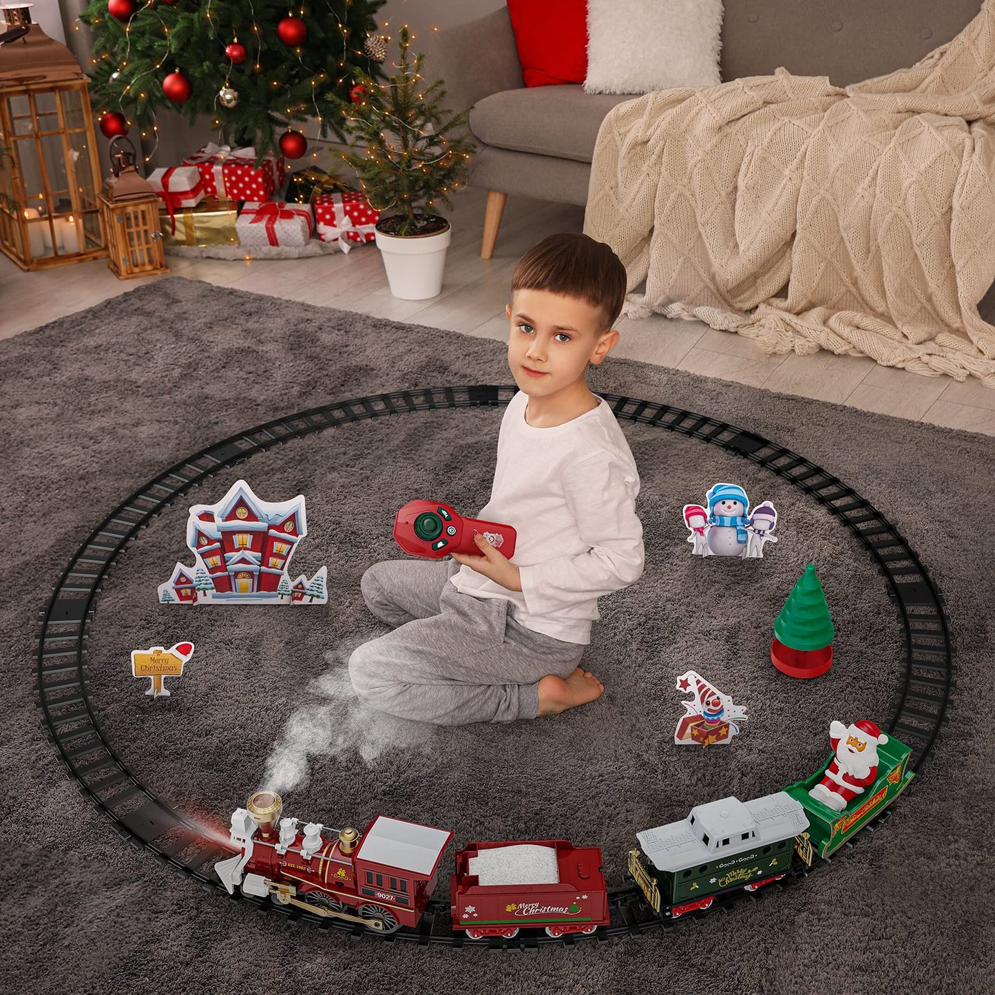 Lzzapj Train Set, Remote Control Electric Train Toy With Smoke, Light And Music, Kids Train Track With Rechargeable Battery, Santa Claus, Christmas Birthday Gifts For 3 4 5 6 7 8 Year Old Boys Girls