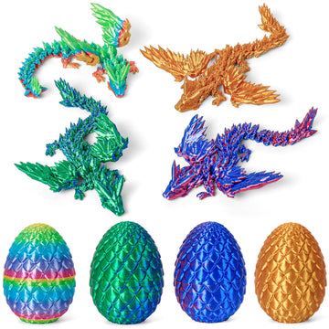 3D Printed Dragon Eggs with Dragon Inside Easter Mystery Dragon Egg Articulated Crystal Dragon Fidget Toy Surprise 3D Printed Dragon Egg with Wings Flying Animals Toy Easter Basket Stuffers 4PCS(A)