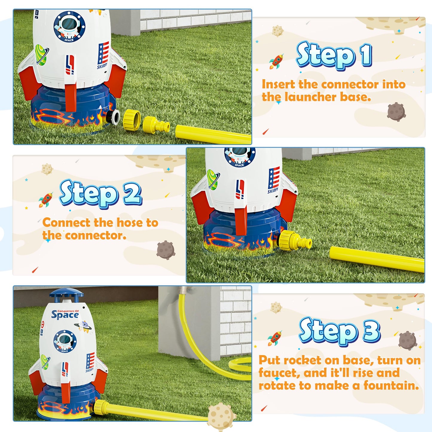 Skirfy Sprinkler Rocket Launcher Outdoor Water Toys for Kids, Rocket Design Water Powered Liftoff 9-16ft & Spin, Summer Garden L