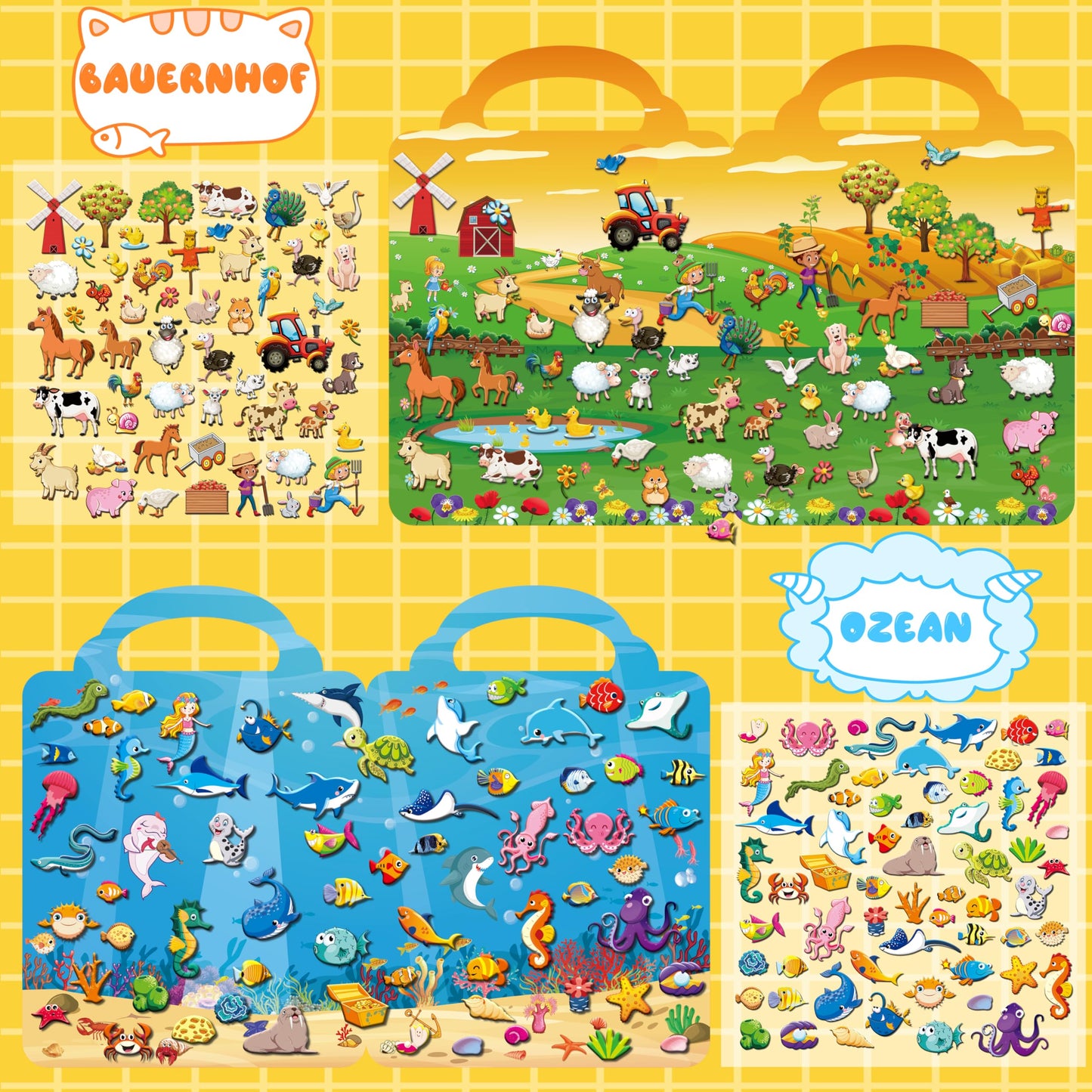 Kalysky 6-Set Puffy Sticker Books for Kids, 3D Reusable Stickers, Farm, Dinosaurs, Ocean, Space, Vehicle, Model TZS-922