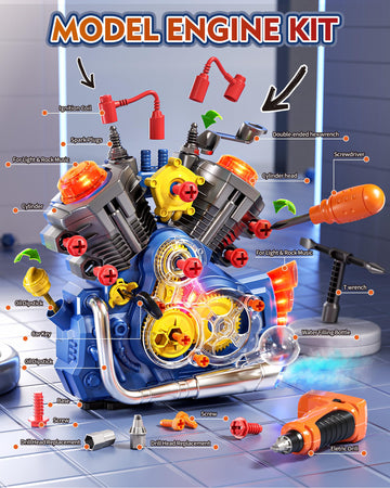 Jovow Motorcycle Engine Building Kit, STEM Toy for Kids 3+, Blue, Plastic, Model 661-2003, Educational Mechanic Tools with Light & Music