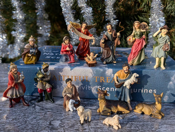 Faithful Treasure 15-Piece Complete 4' Christmas Nativity Set | Tabletop Nativity Figurines | Nativity Scene With Figures Of Baby Jesus, Angel, Holy Family, Wise Men, Peasants, And Animals